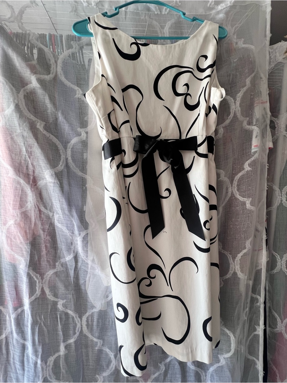 Jessica Howard White Midi Dress with Black Swirl Print and Black Tie